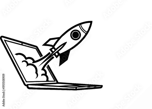 Rocket launching from an open laptop with smoke clouds