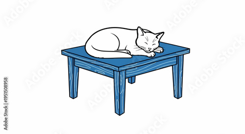A stylized white cat sleeps soundly on a blue wooden table