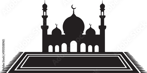 Black silhouette of a mosque with domes and minarets on a prayer mat
