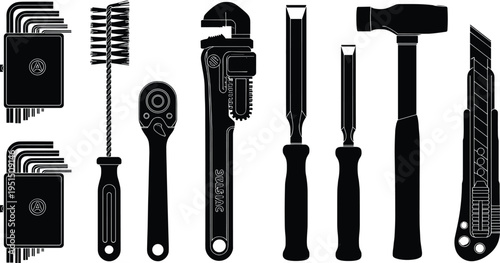 Essential collection of hand tools including hex keys, wire brush, ratchet wrench, pipe wrench, screwdriver, chisel, hammer, and utility knife for repair, maintenance, and construction projects
