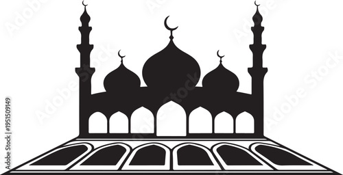 Black silhouette of a mosque with domes and minarets on a white