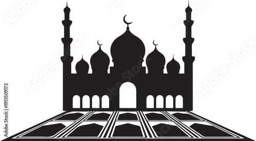 Black silhouette of a mosque with domes and minarets on white