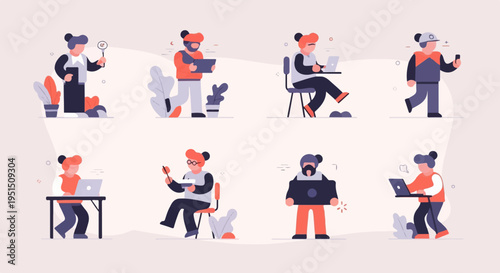Stylized people engaged in various activities with digital devices