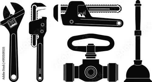 Essential plumbing tools silhouette set including adjustable wrench, pipe wrench, basin wrench, valve 