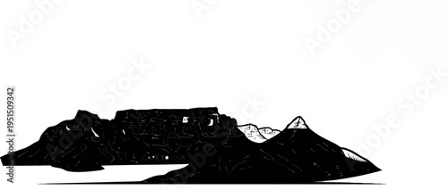 Stylized black and white sketch of a mountain range with a flat-topped peak