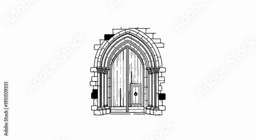 An arched wooden door with stone pillars and weathered brickwork