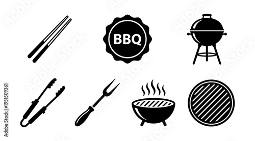 A collection of black BBQ icons on a white background, featuring a grill, utensils, and food items, perfect for use in marketing materials, menus, or lifestyle blogs.