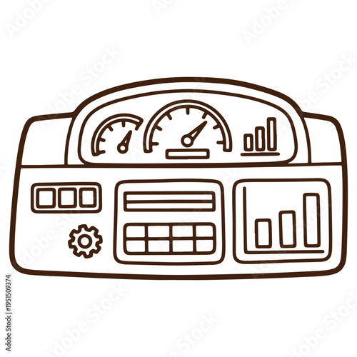 Illustrated dashboard interface with speedometer fuel gauge and various control panels suitable for vehicle or machine design
