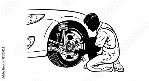 A person kneels and works on a car wheel with tools