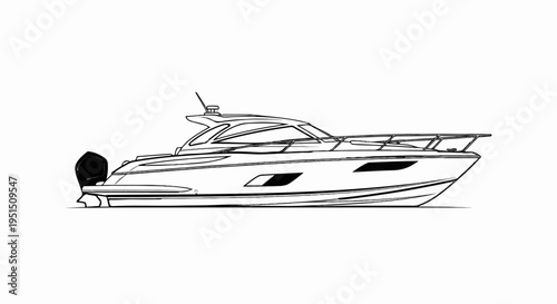 Sleek motor yacht with an outboard engine, sleek windows, and railing