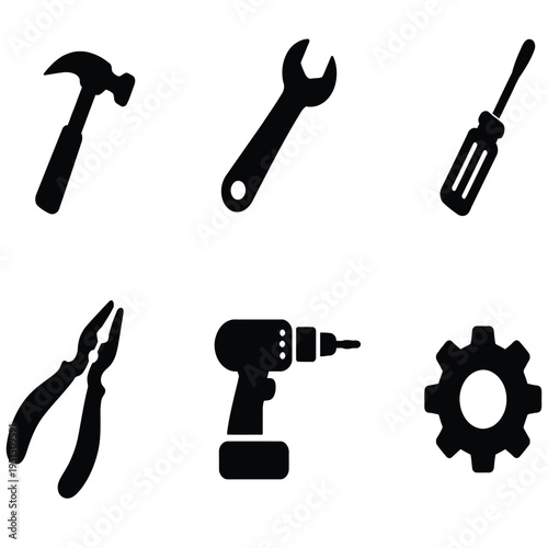 Repair and construction hardware tools black icons set with hammer wrench and drill