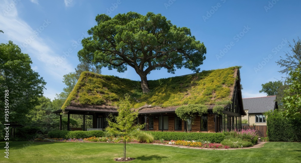 Fototapeta premium Nature inspired house with a tree rising prominently through the roofing