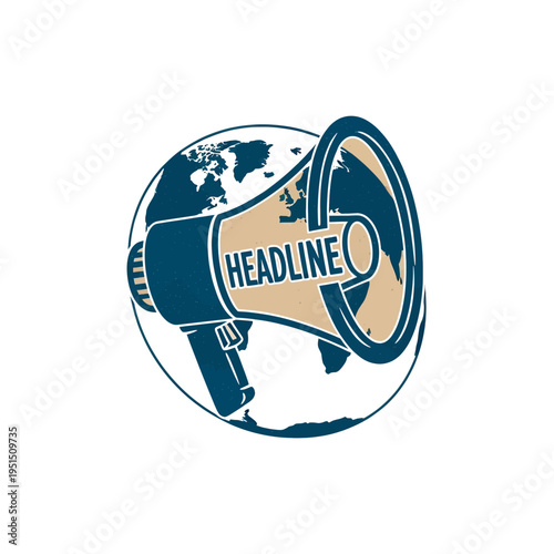 Megaphone Headline Graphic Earth Illustration News Announcement Global Communication Vintage Style Design Vector Image Stock Art