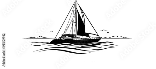 Black and white sketch of a large sailboat navigating through wavy ocean waters