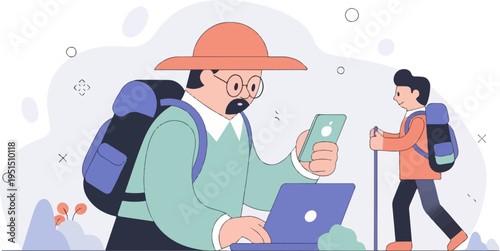 Two cartoon hikers with backpacks use technology in a stylized outdoor setting