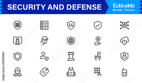 Explore Security and Defense Icon set. Modern Line Icon Collection for Tactical and Protection Designs