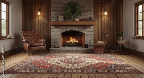 Cozy countryside style space with large rug leather chair fireplace and copy space for text