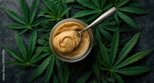 Wallpaper Mural Natural dessert recipe ingredient of hemp butter in jar with spoon and vibrant cannabis leaves Torontodigital.ca