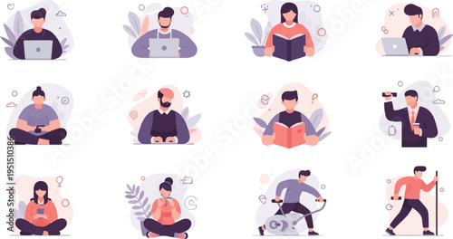 A grid of illustrations depicting people engaged in various daily activities