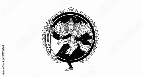 Detailed black and white illustration of a multi-armed deity in a dynamic dancing pose within a fiery circle