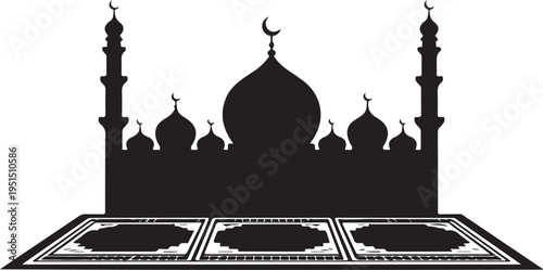 Black silhouette of a mosque with minarets and prayer mats