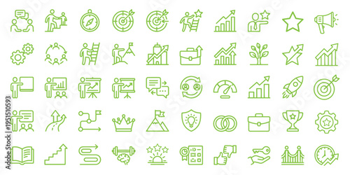 50 Coaching Growth Line Icons Set – Business Mentorship, Productivity, Goal Tracking and Success Development Outline Vector. Stakeholder icon set. Containing team building, teamwork, coaching, meeting