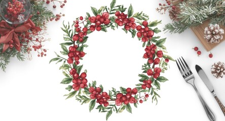 Festive watercolor clipart of a cranberry wreath with clustered red berries and green foliage in a circular form for holiday and seasonal crafts
