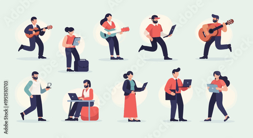 Diverse individuals engaged in various activities, including music, work, and travel