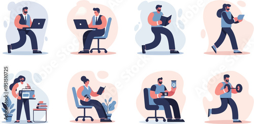 Diverse individuals engaged in various activities work, reading, and exercise