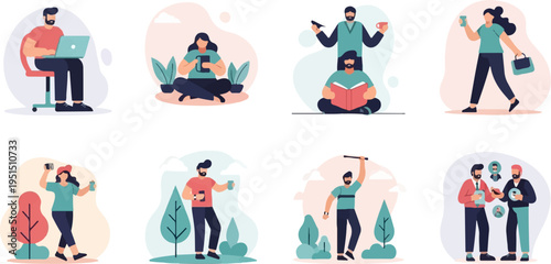 Diverse individuals engaged in various activities, showcasing modern life