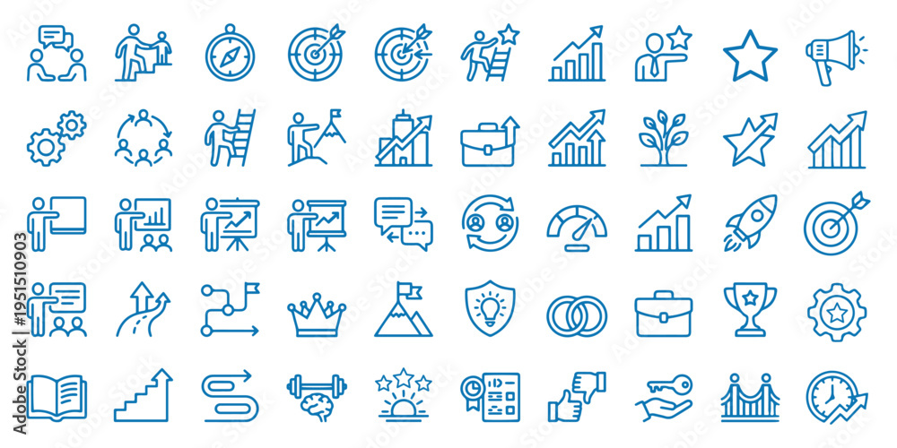 Naklejka premium 50 Coaching Growth Line Icons Set – Business Mentorship, Productivity, Goal Tracking and Success Development Outline Vector. Stakeholder icon set. Containing team building, teamwork, coaching, meeting