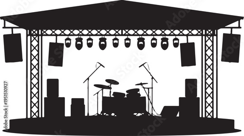 Black silhouette of a stage with a drum set and lighting equipment