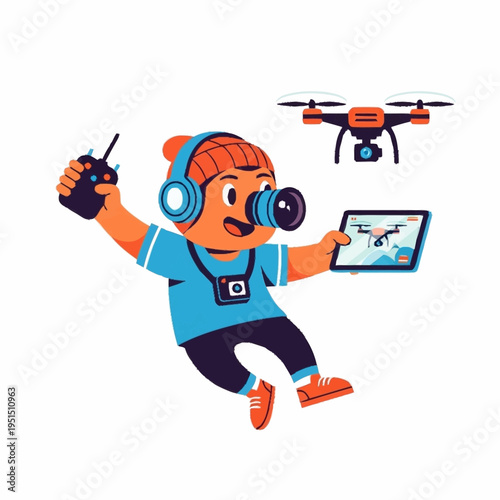 Cartoon character operating drone with remote and tablet for aerial views.