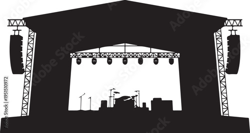 Black silhouette of a stage with a drum set and lighting equipment