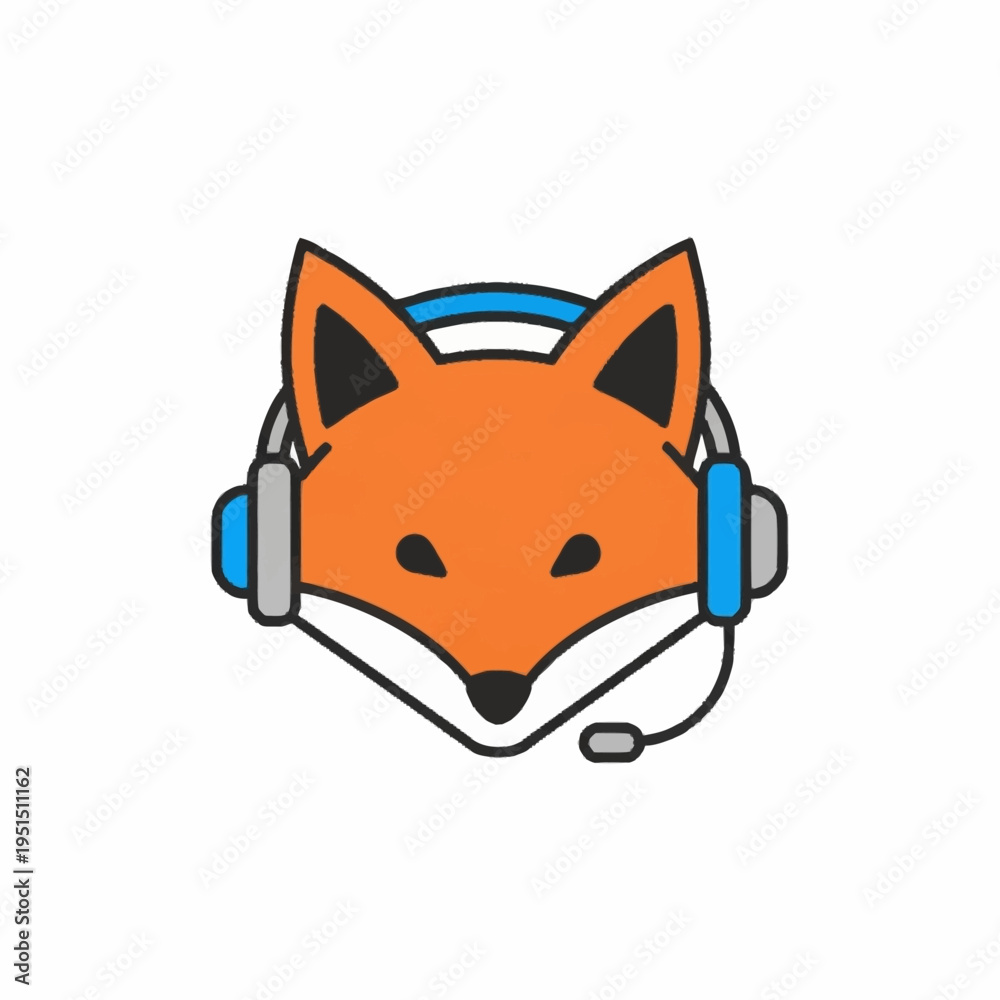 Fototapeta premium Cute Cartoon Fox Wearing Headphones and Microphone Headset.