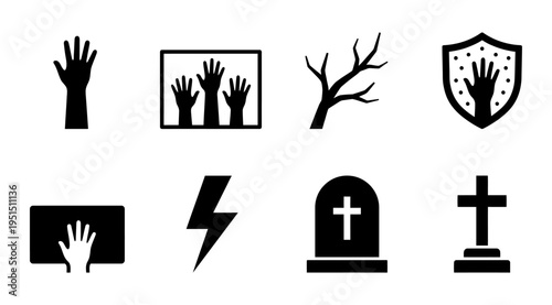 a collection of black and white icons depicting zombie apocalypse symbols, including hands, trees, shields, lightning bolts, tombstones, and crosses, for use in design, gaming, or educational projects