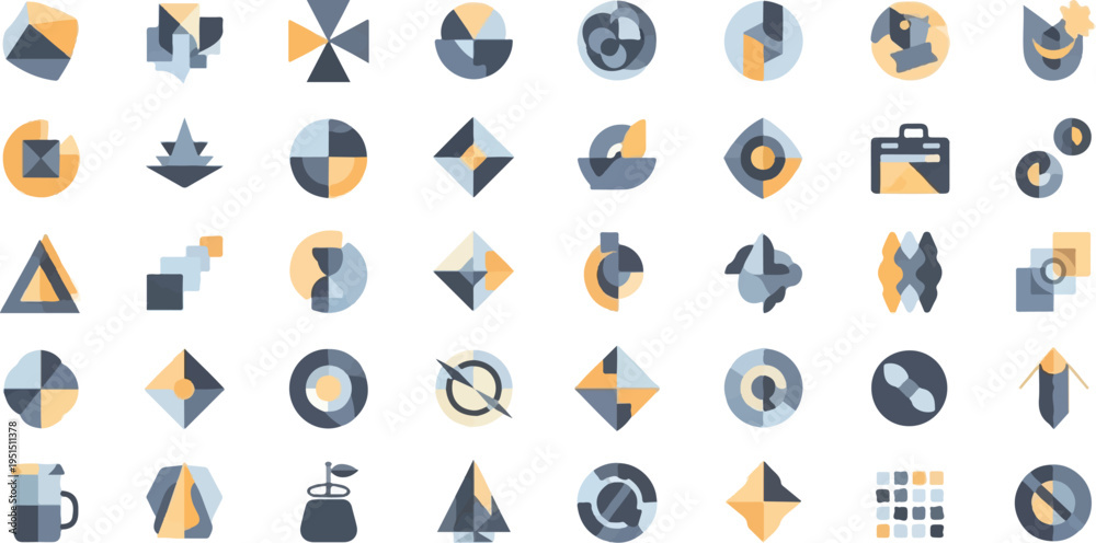 Fototapeta premium Collection of abstract geometric icons in blue, yellow, and gray tones