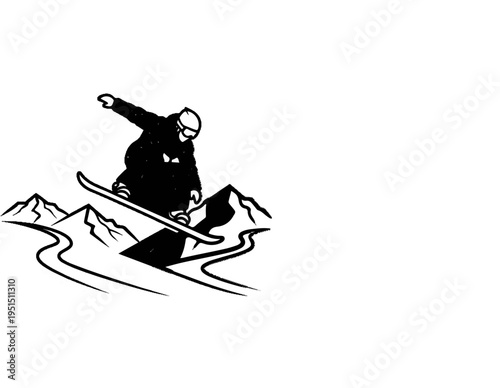 A stylized black and white illustration of a snowboarder in mid-air over mountains