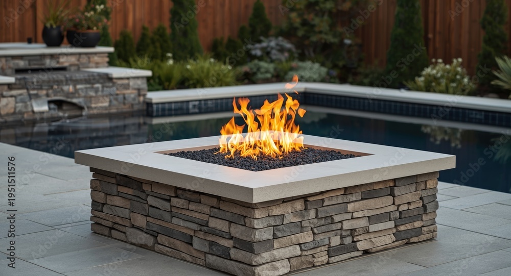 Fototapeta premium Sleek gas fire pit with black glass decor integrated poolside delivering warmth and style for year round events