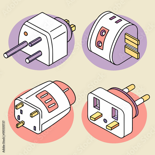 Set of four international electrical power plug adapters, isometric view