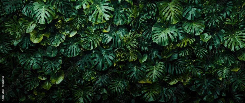 Fototapeta premium Layered tropical foliage wall with dense leaves and vivid green color highlights