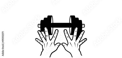 Black dumbbell held by two hands, white background, hand-drawn style