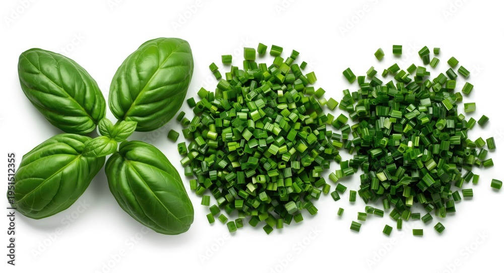 Obraz premium Green basil leaves and chopped chives herbs freshly prepared on a white backdrop