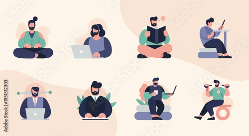 Diverse individuals engaged in various productive and leisure activities, illustrated