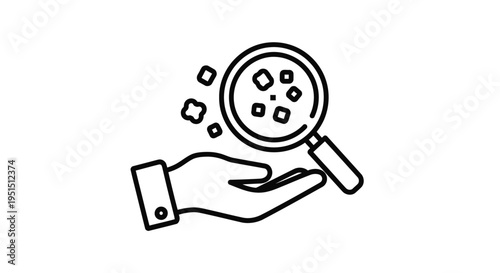 Simple black and white vector line art illustration depicting a hand holding a magnifying glass over small particulate matter or contamination for inspection