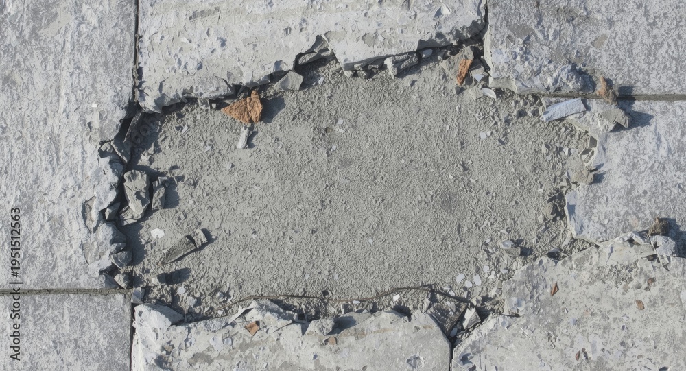 Fototapeta premium Isolated fragments of damaged concrete slabs with debris on surface