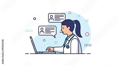 Modern illustration of a female doctor using a laptop with chat bubbles, symbolizing online medical consultation, telemedicine, and healthcare.