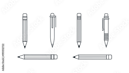 Detailed collection of various pencil and mechanical pencil icons in different orientations, symbolizing writing, drawing, and education.