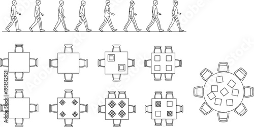 walking sequence human movement and meeting table layouts top view furniture arrangement people motion vector illustration isolated design set