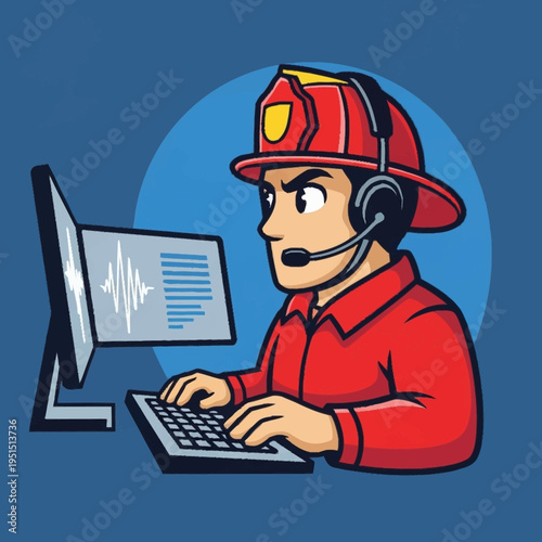 Firefighter Dispatcher Working at Computer with Headset.